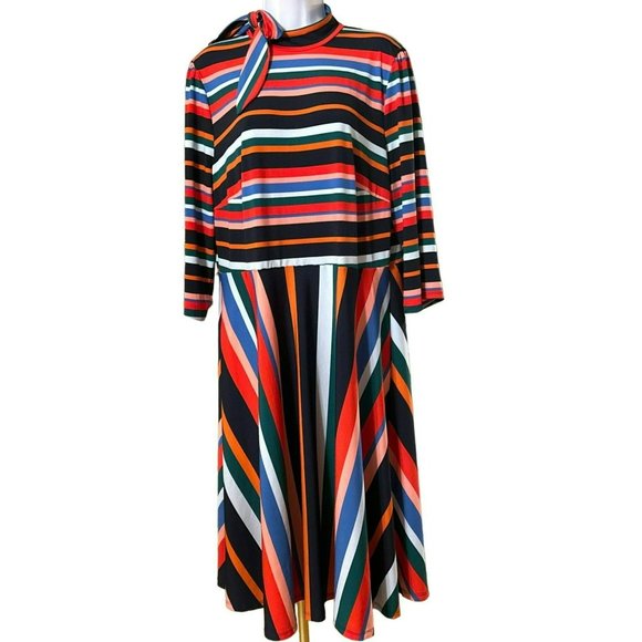 Eloquii Women's Striped Print Fit and Flare A-Line Dress Size 16 Back Bow - Picture 1 of 6